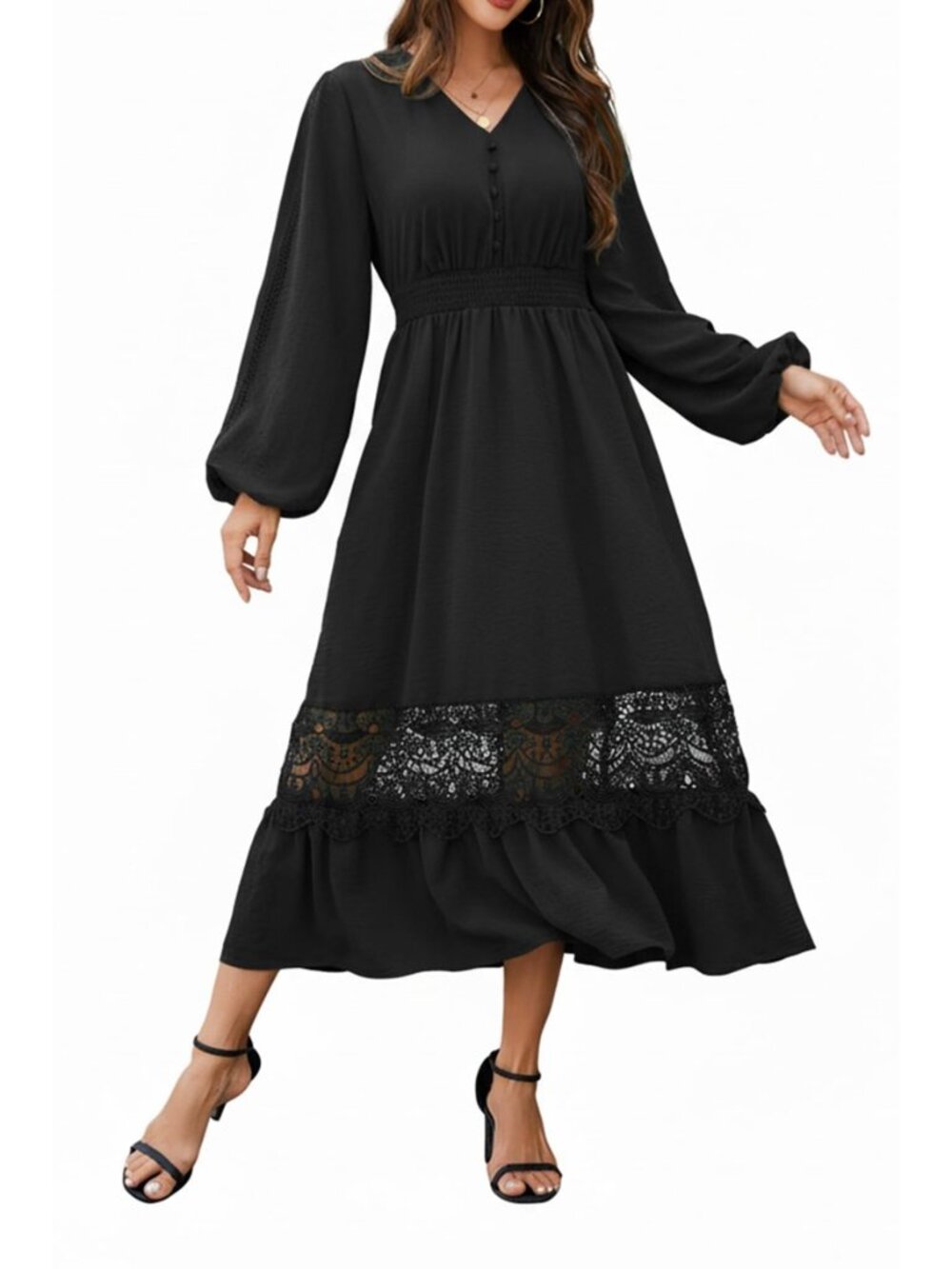 Long Sleeve Boho Maxi Dress Smocked V-Neck Wedding Guest Fall Dress
